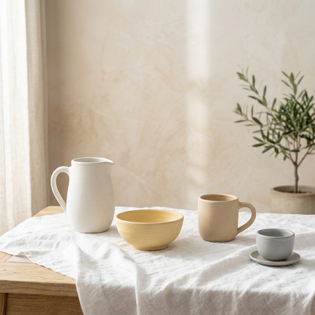 Assortiment de céramiques artisanales de la collection Craie — mug, bol, tasse et pichet aux émaux blanc cassé, beige clair et gris doux.