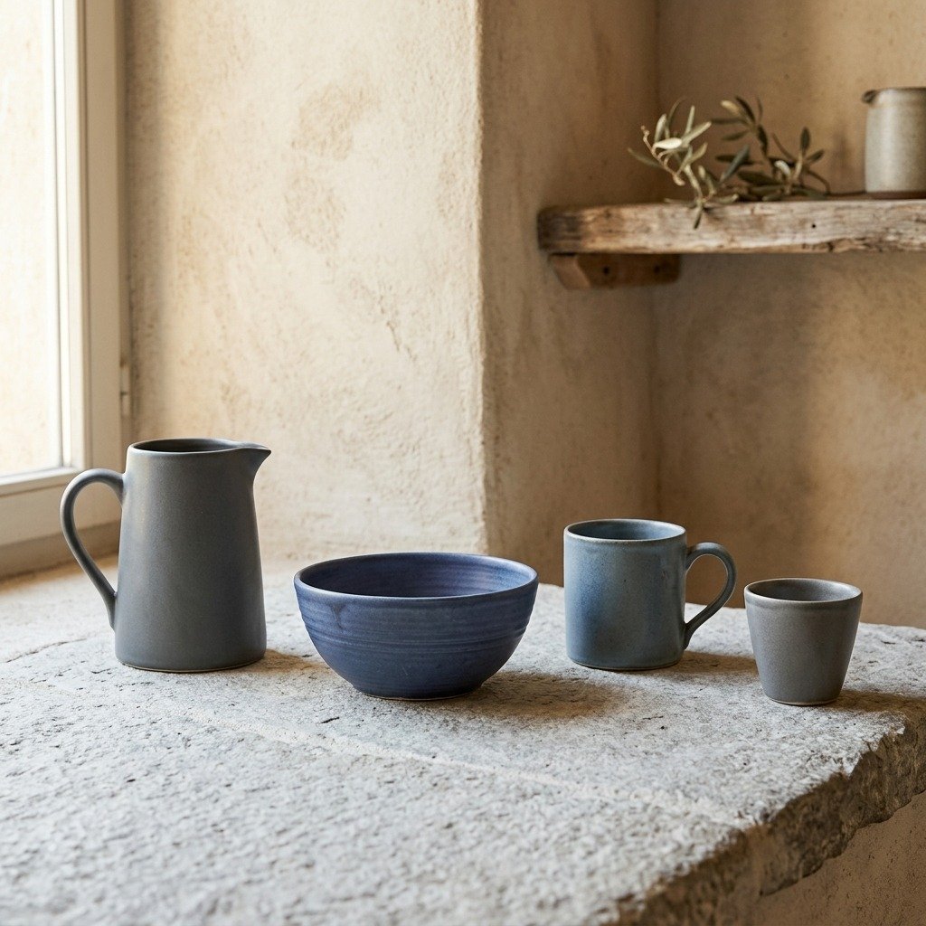 Assortiment de céramiques artisanales de la collection Ardoise — mug, bol, tasse et pichet aux émaux anthracite, bleu-gris et indigo.