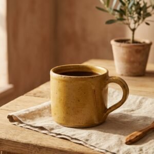 Mug Ambre, en ocre, collection Argile, posé sur une table en bois.