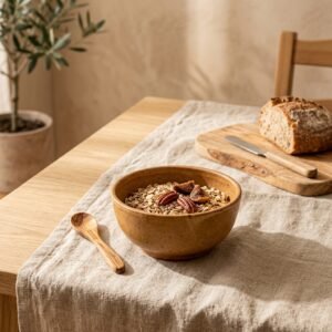 Bol Cannelle, en tons chauds, collection Argile, posé sur une table en bois.
