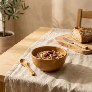 Bol Cannelle, en tons chauds, collection Argile, posé sur une table en bois.