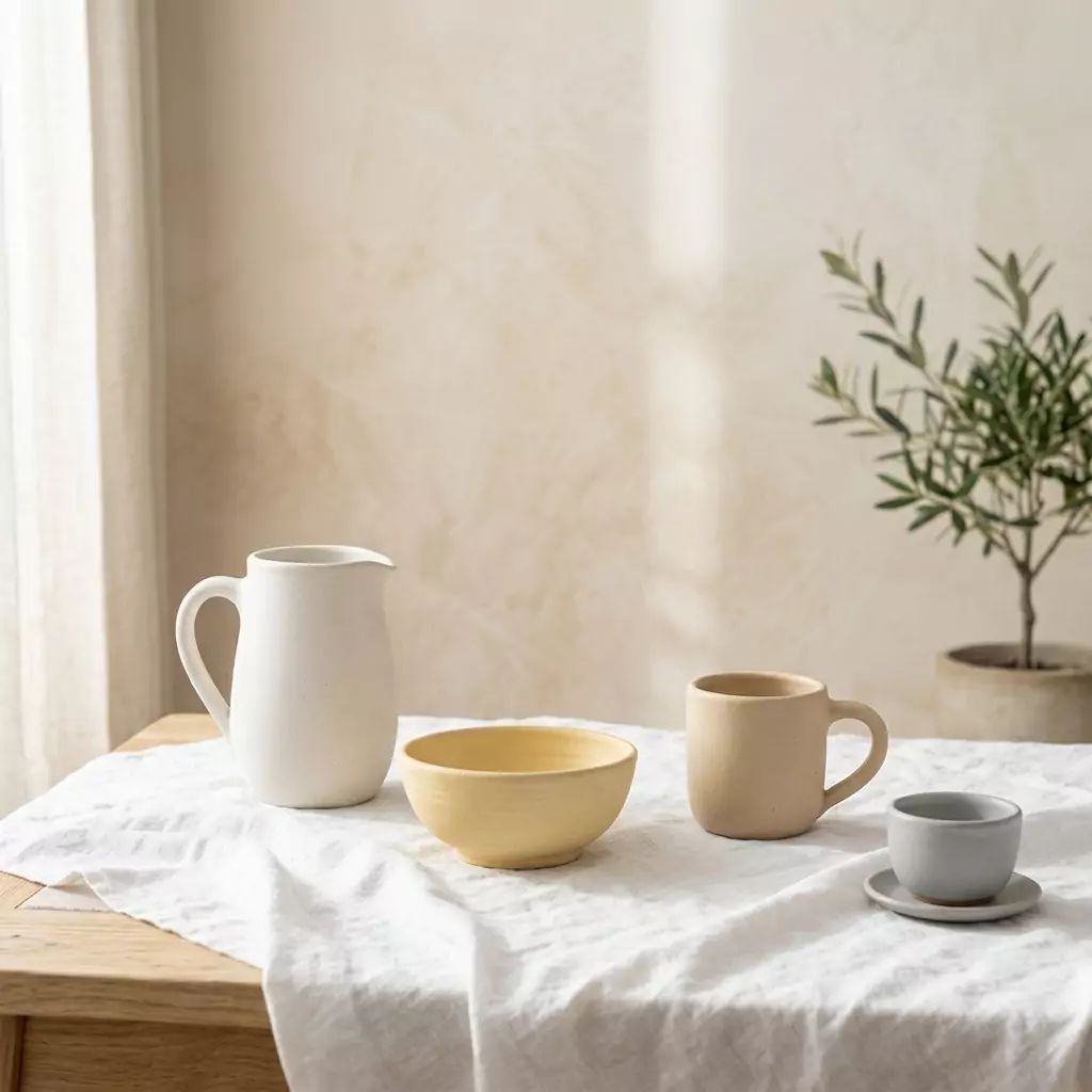 Assortiment de céramiques artisanales de la collection Craie — mug, bol, tasse et pichet aux émaux blanc cassé, beige clair et gris doux.