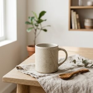 Mug Lin, en beige clair, collection Craie, posé sur une table en bois.