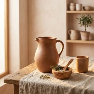 Pichet Latérite, en tons chauds, collection Argile, posé sur une table en bois.