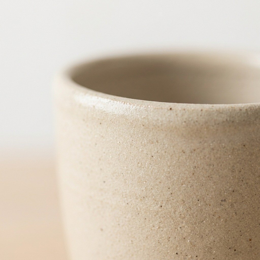 Tasse Coton1 Gros plan sur la texture de l'émail beige clair de Tasse Coton.