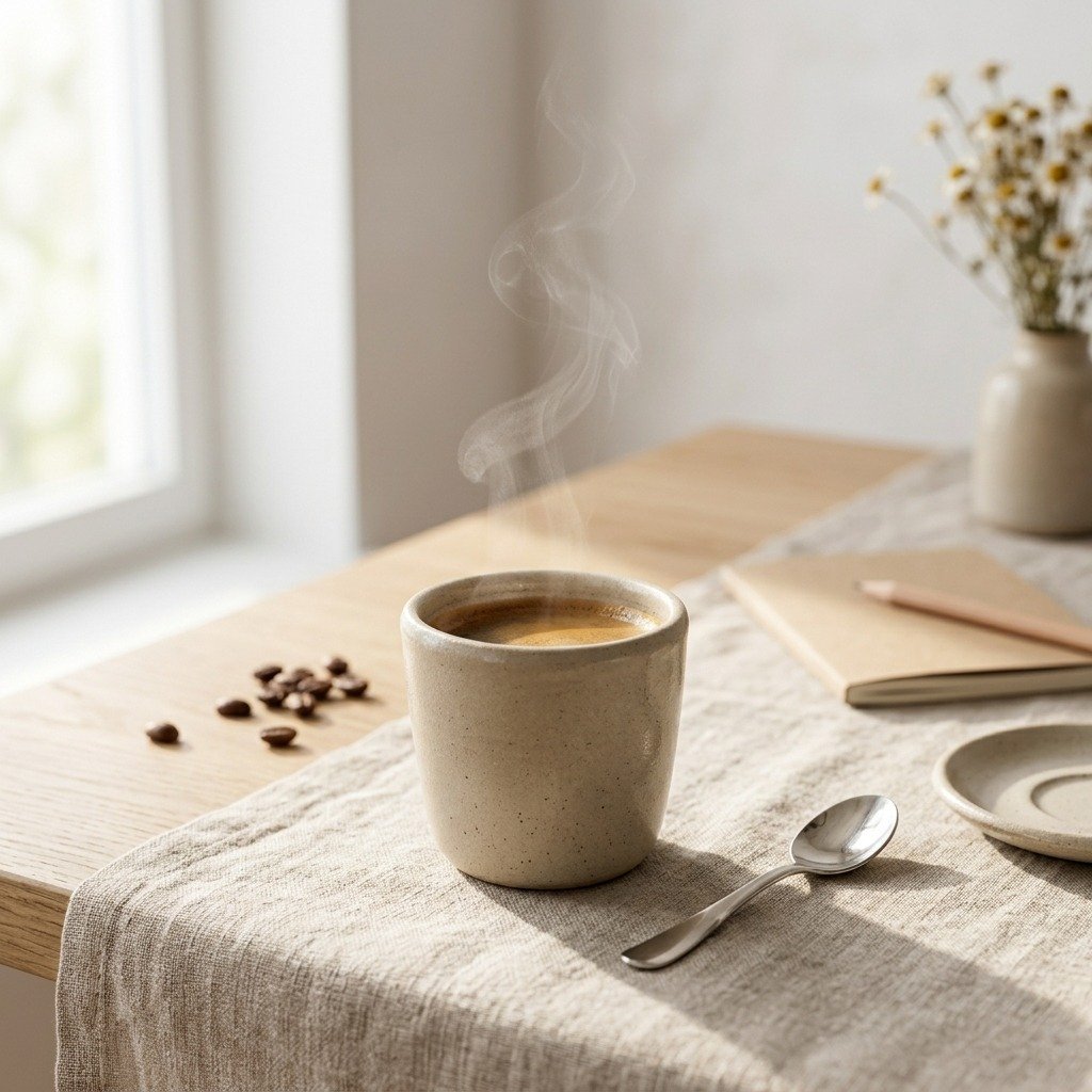 Tasse Coton2 Tasse Coton, en beige clair, collection Craie, posé sur une table en bois.