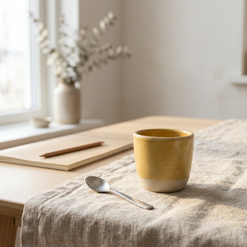 Tasse Miel Pale2 Tasse Miel Pâle, en jaune, collection Craie, posé sur une table en bois.