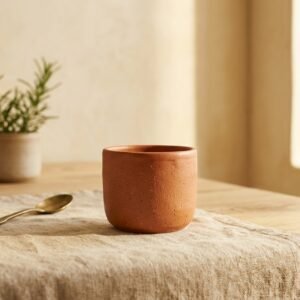Tasse Cuivre, en terracota, collection Argile, posé sur une table en bois.