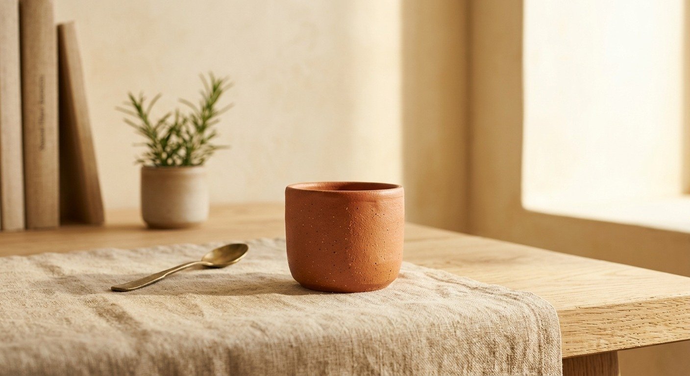 Tasse cuivre3 Tasse Cuivre, en terracota, collection Argile, posé sur une table en bois.