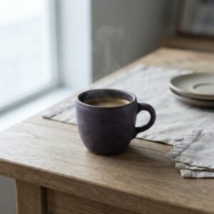 Tasse Prune, en violet, collection Ardoise, posé sur une table en bois.